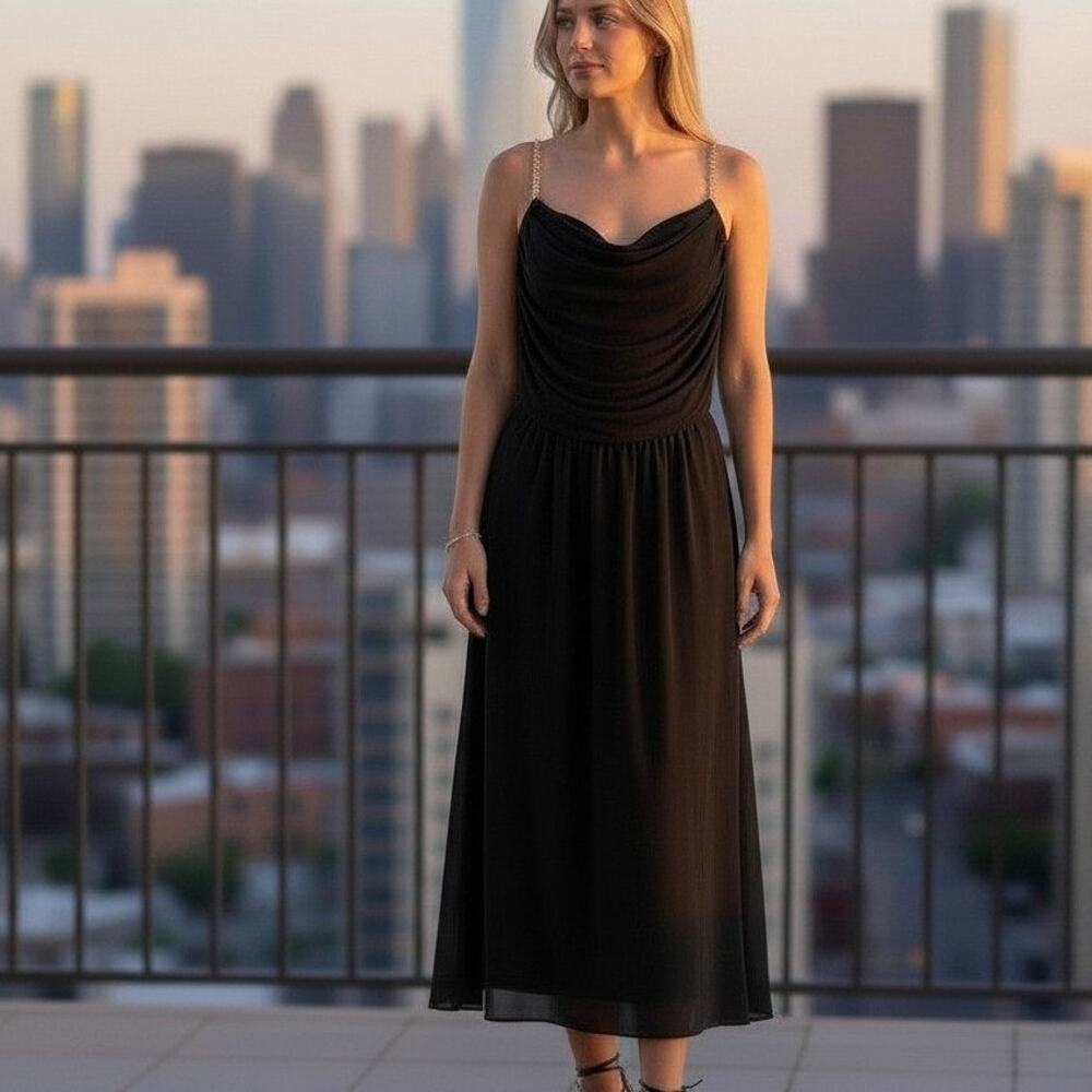 Rimini Vintage Rhinestone Strap Black Midi dress Lined Pleated Sheer Sz 6